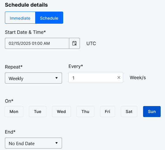 The Schedule details panel with the Schedule tab selected, showing start date and time, repeat set to weekly with Sunday selected, and no end date.