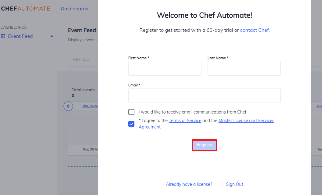 Welcome to Chef Automate dialog with First Name, Last Name, and Email fields, and the Register button highlighted.